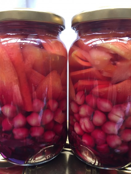 Homemade quick pickles. Chickpeas, carrots, beetroots, ginger, garlic and spices.