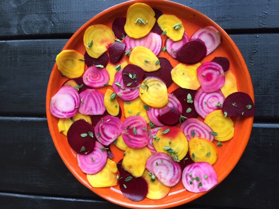 Varieties of raw beetroot rested in lemon juice and a touch of sea salt, dressed with a tinsy drizzle of extra virgin olive oil, homemade raspberry vinegar and a scattering of lemon thyme.